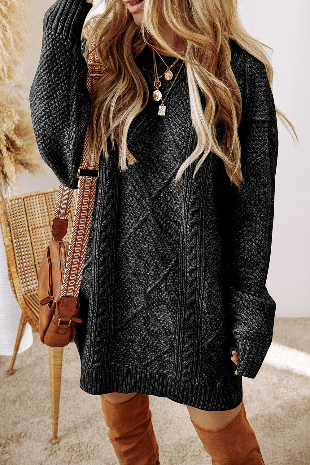 Black Cable Knit Drop Shoulder Loose Fit Sweater Dress Harper & Co. Black Cable Knit Drop Shoulder Loose Fit Sweater Dress Harper & Co.