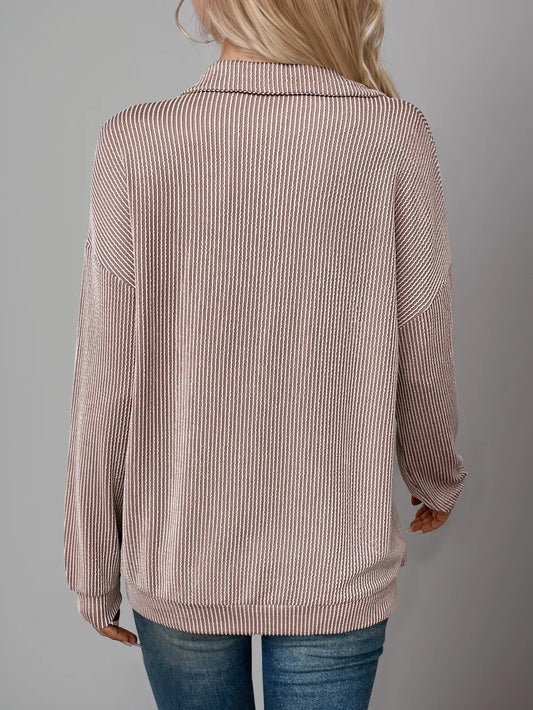 Double Take Full Size Half Zip Ribbed Long Sleeve Top