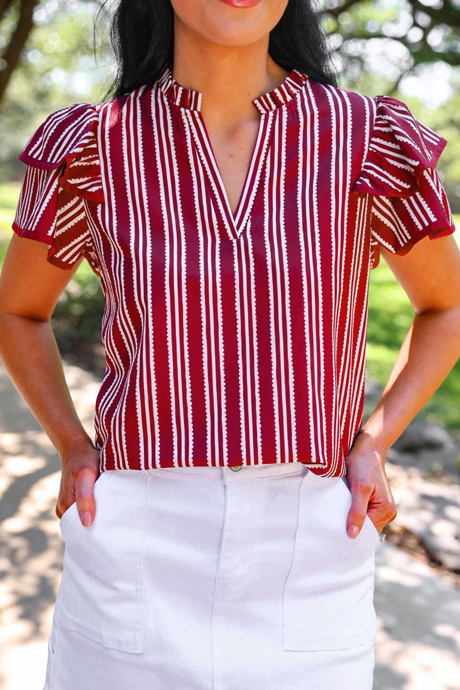 Layla Striped Flutter Sleeve Blouse- Maroon