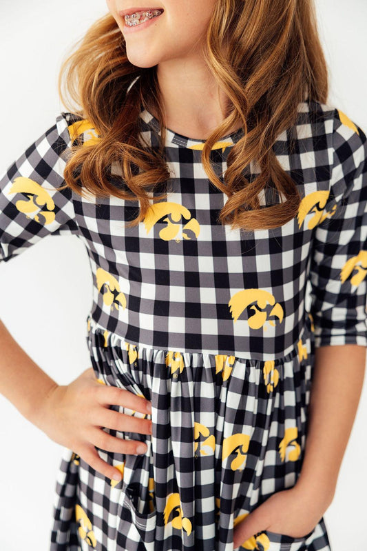 Iowa Plaid Tigerhawk 3/4 Sleeve Pocket Twirl Dress