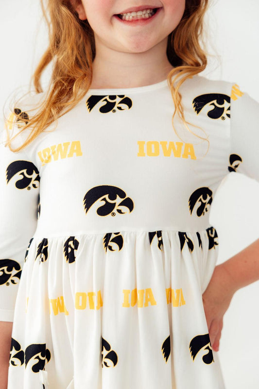 Iowa White Tigerhawk 3/4 Sleeve Pocket Twirl Dress