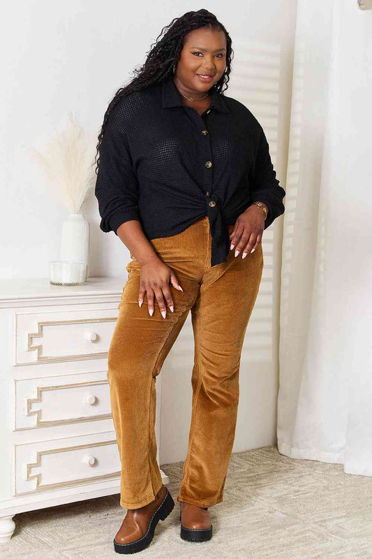 Double Take Waffle-Knit Collared Neck Dropped Shoulder Shirt HC
