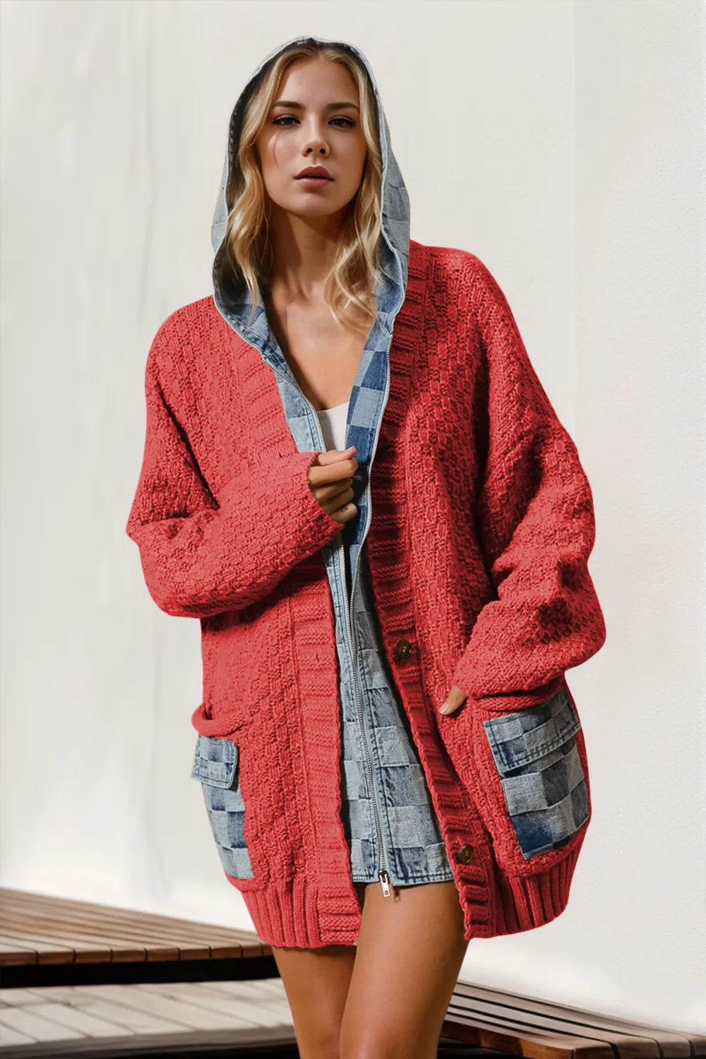 Double Take Full Size Hooded Checkered Denim Spliced Sweater Cardigan Jacket - Multiple Colors