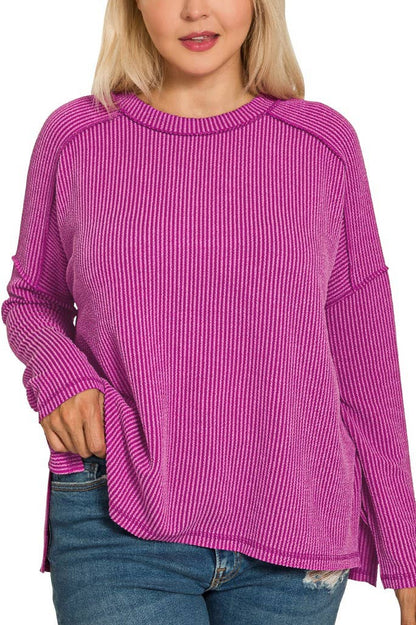 Zenana Full Size Exposed Seam Long Sleeve Plum
