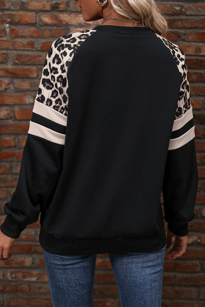 Black Leopard Print Colorblock Raglan Sleeve Sweatshirt