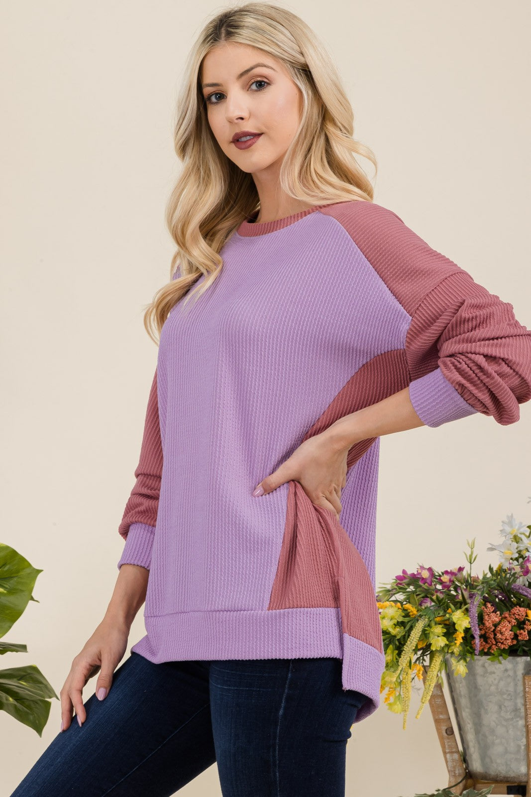 Celeste Full Size High-Low Contrast Round Neck Sweatshirt