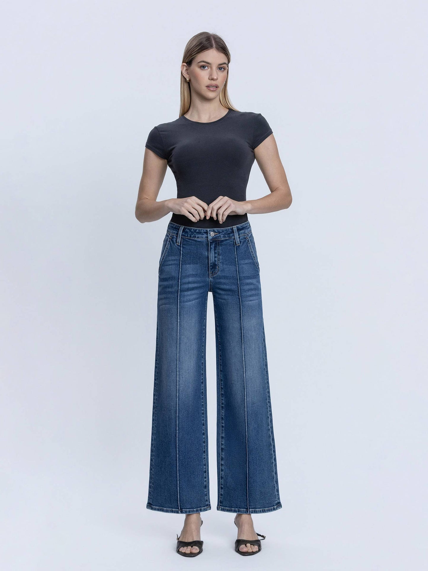 Lovervet by VERVET Full Size High Rise Dark Wash Pintuck Wide Leg Jeans