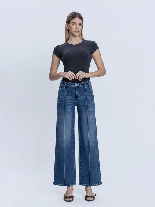 Lovervet by VERVET Full Size High Rise Dark Wash Pintuck Wide Leg Jeans