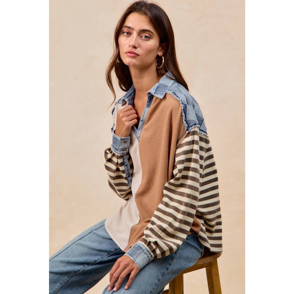 CUT EDGE CHECKER DENIM WAFFLE MIX AND MATCH TOP