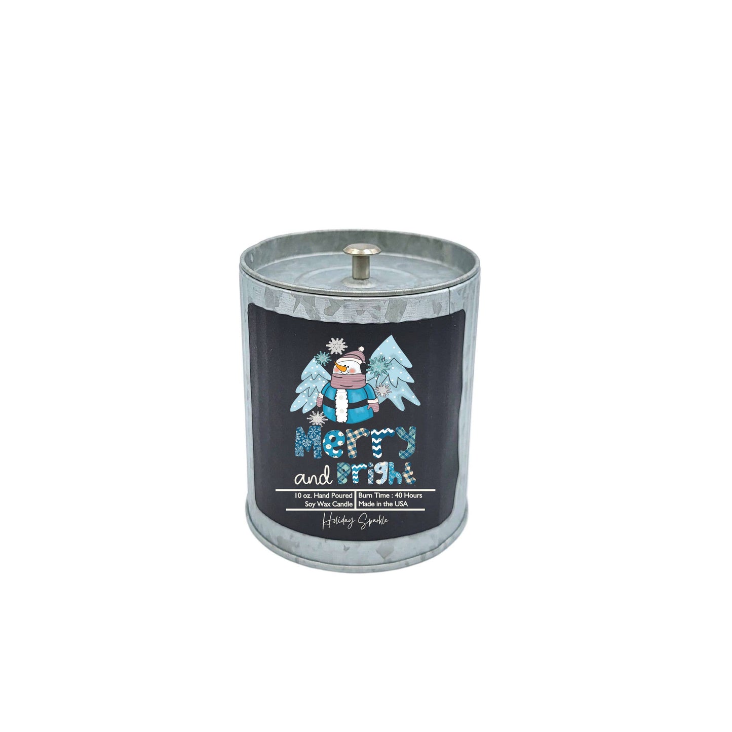 Merry & Bright Soy Wax Candle - Rustic Tin Holiday Candles - White Christmas