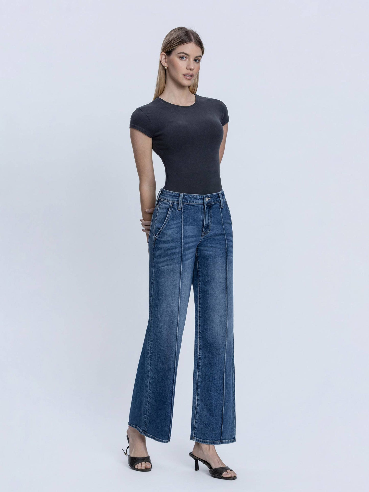 Lovervet by VERVET Full Size High Rise Dark Wash Pintuck Wide Leg Jeans
