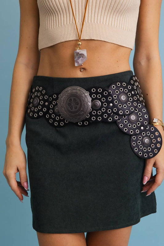 Western Boho Embellished Circle Concho Belt with Eyelet Accents