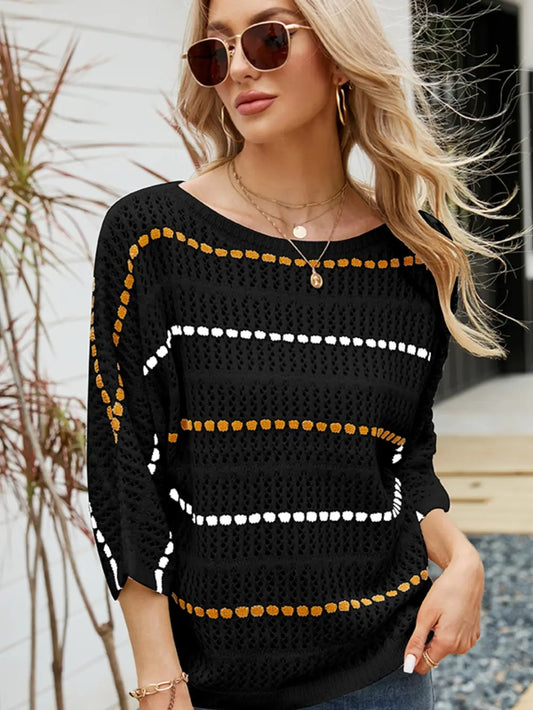 Harmony Eyelet Striped Round Neck Knit Top