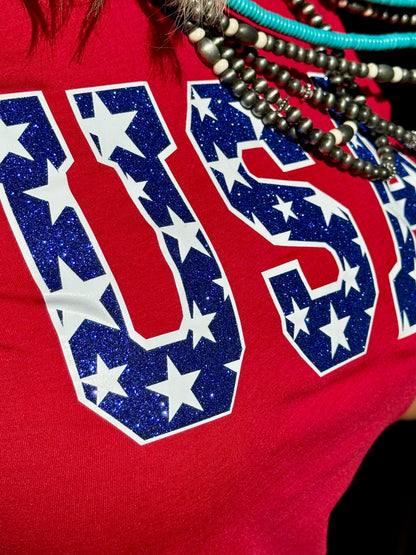 USA Tee & Tank with Stars in Blue Glitter