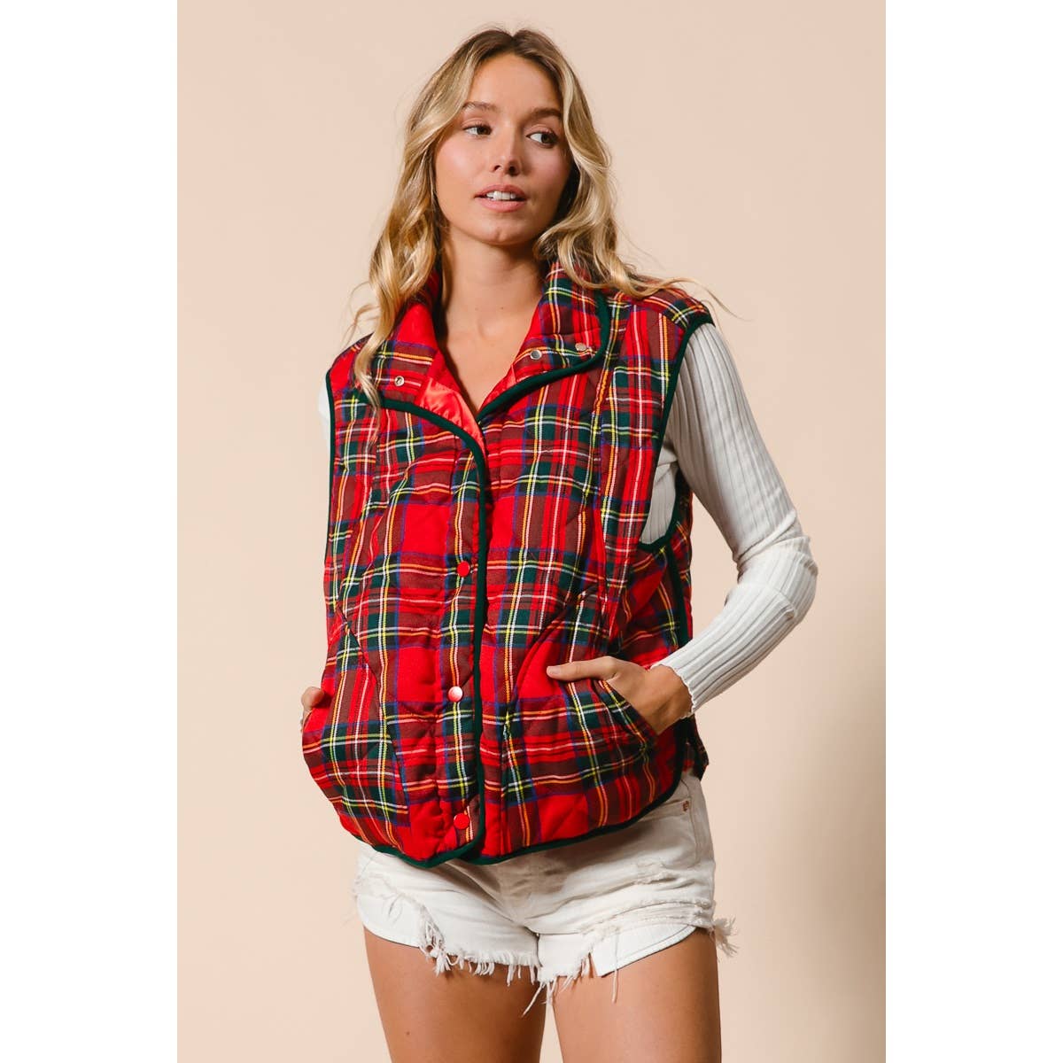 BiBi Vintage Christmas Puff Plaid Quilted Vest