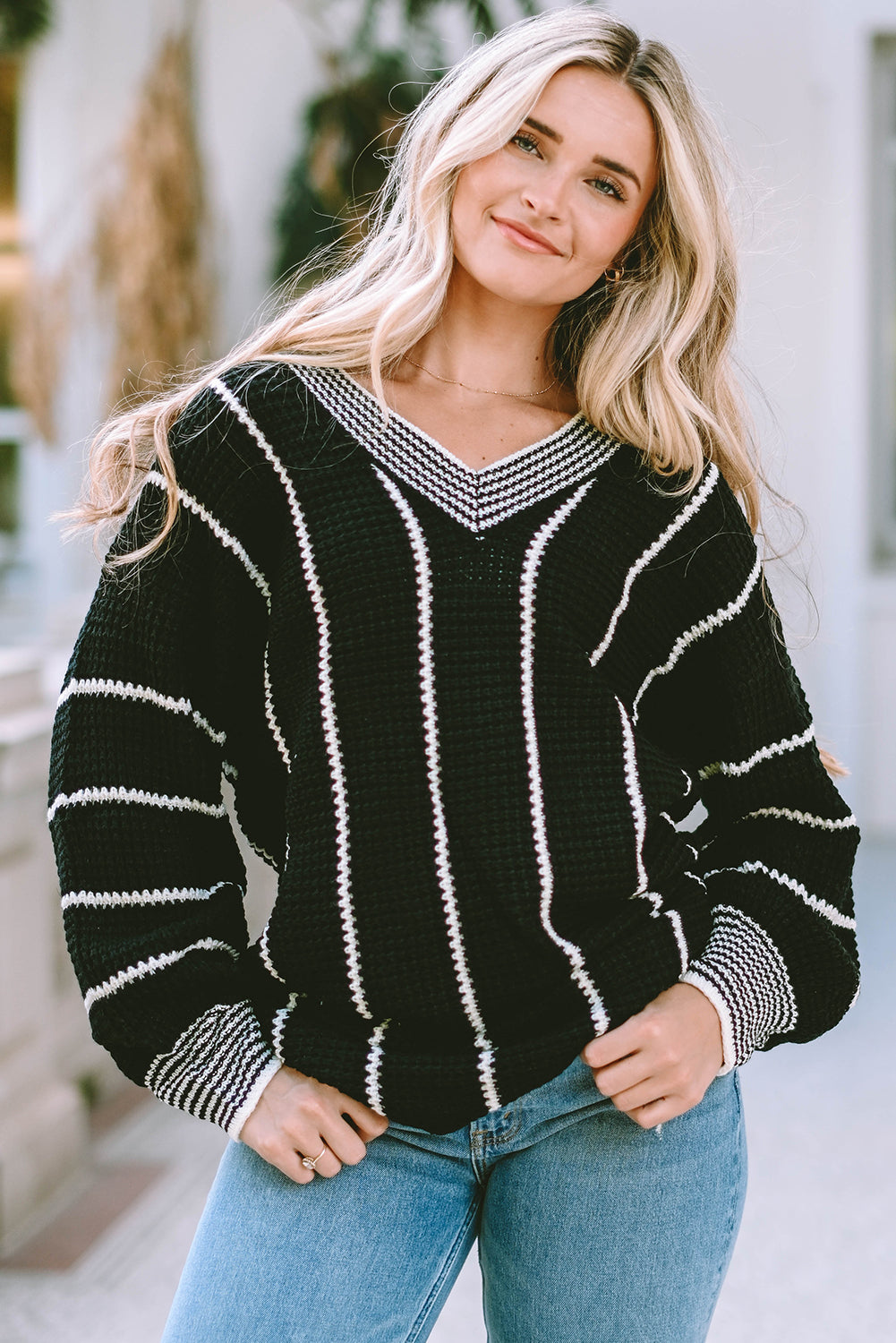 Black Colorblock Striped V Neck Knitted Loose Sweater