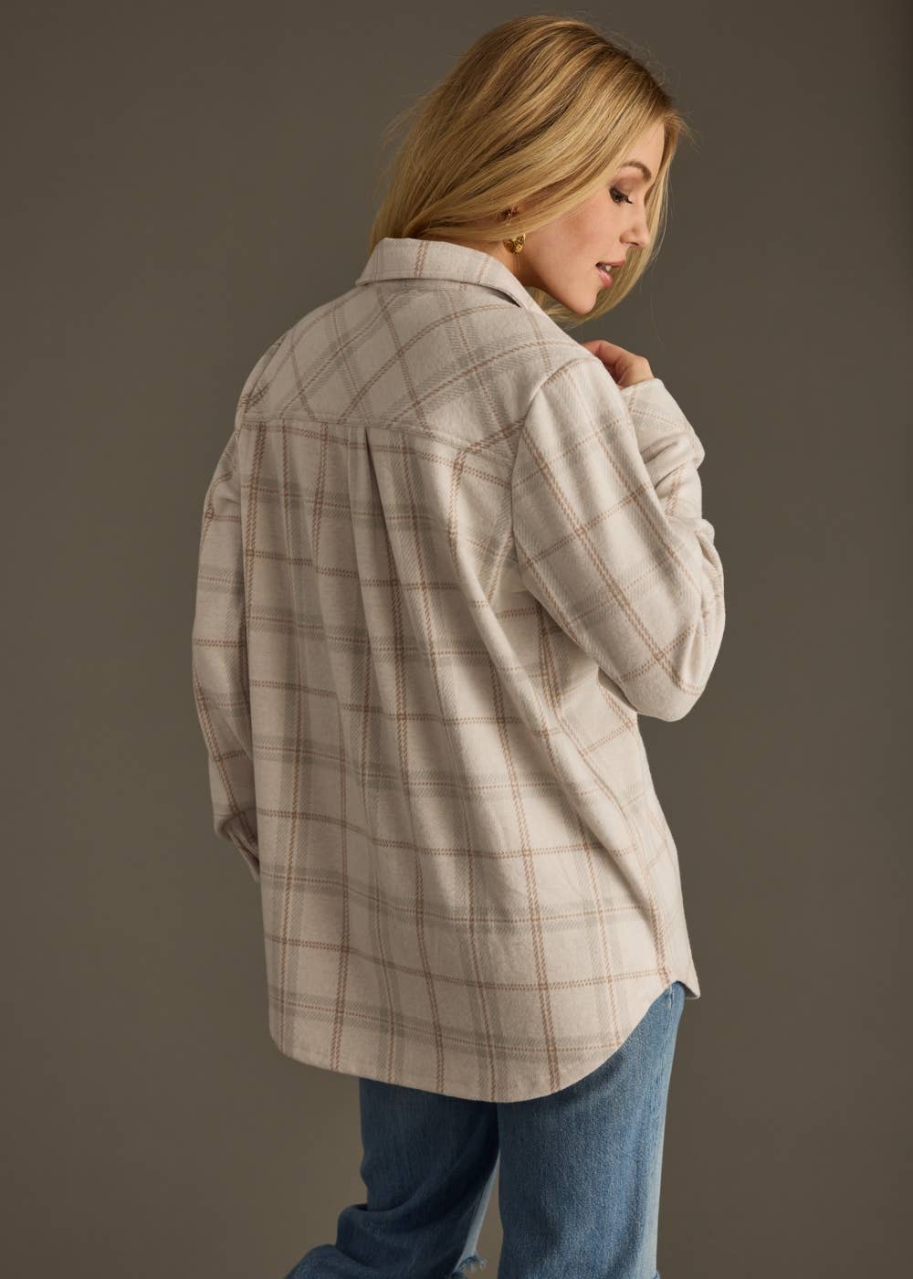 Light Tan, Brown & Gray Plaid Button Up Top