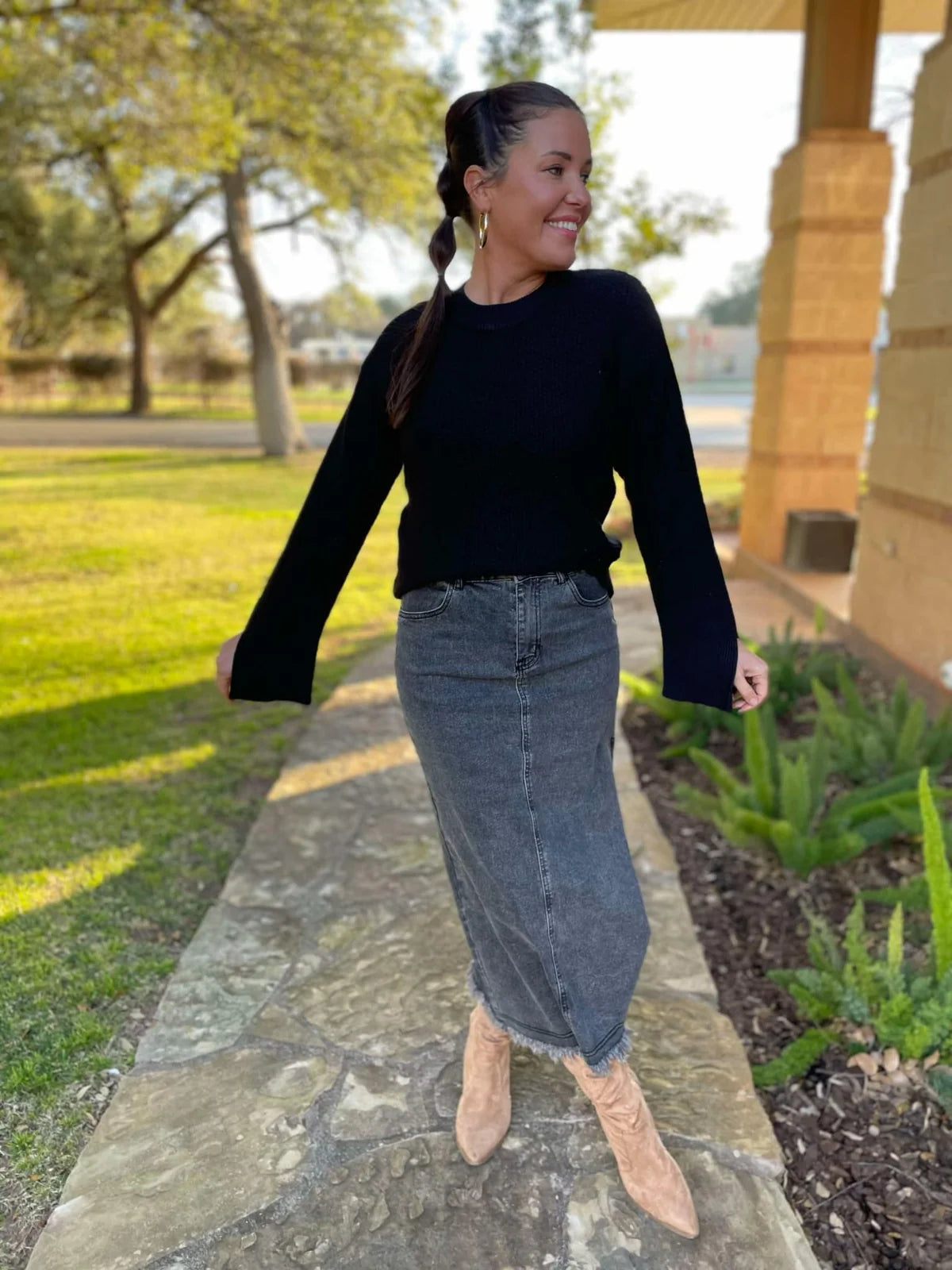 ONE ELEVEN NORTH Black Midi Denim Skirt