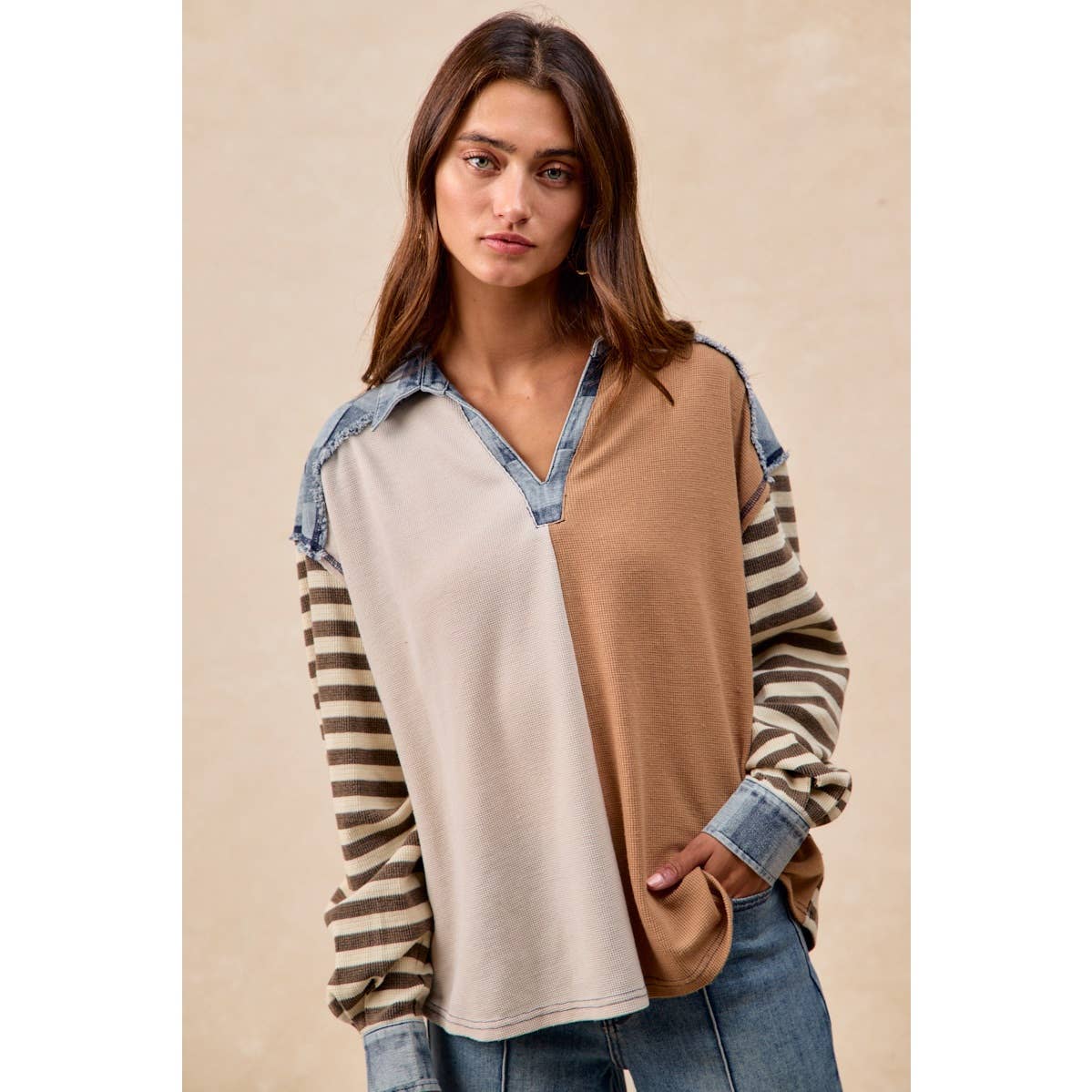 CUT EDGE CHECKER DENIM WAFFLE MIX AND MATCH TOP