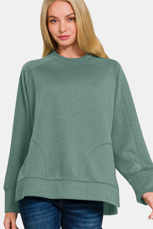 Zenana Scuba Round Neck Side Slit Sweatshirt