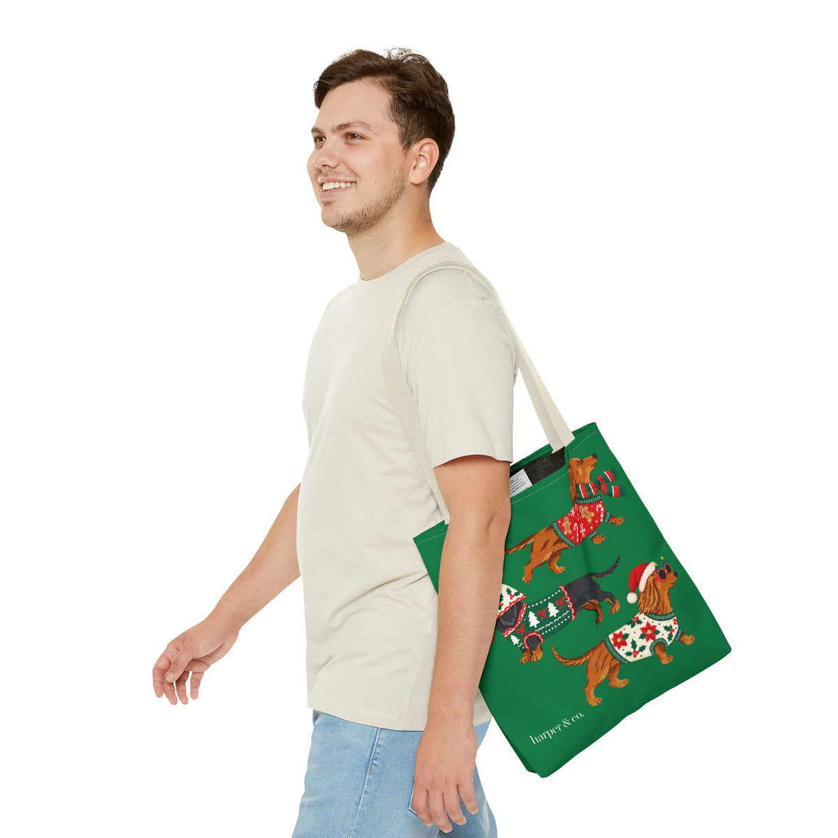 Holiday Dachshund Tote Bag — Christmas Dogs in Festive Sweaters AOP