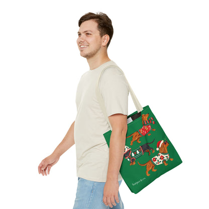 Holiday Dachshund Tote Bag — Christmas Dogs in Festive Sweaters AOP