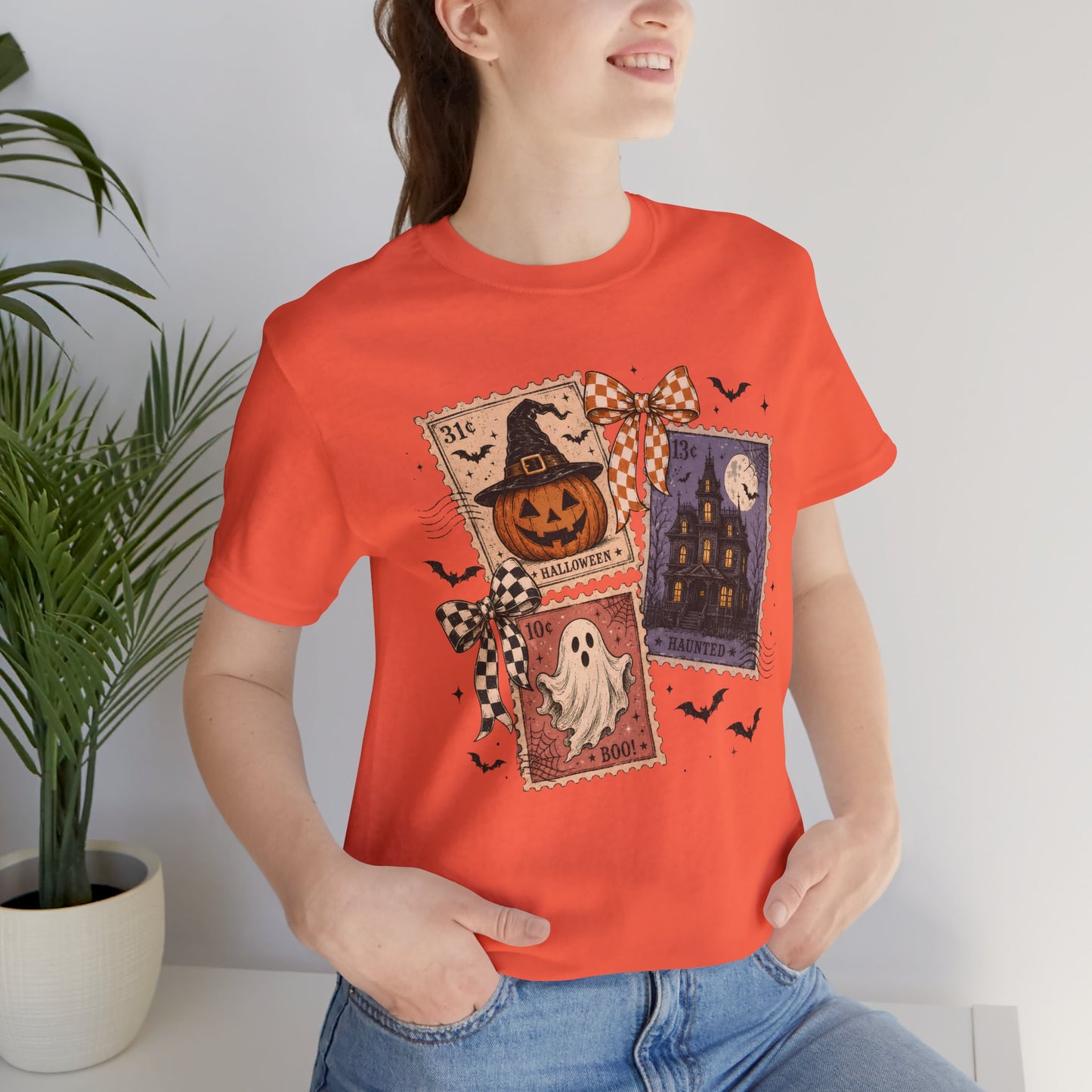 Halloween Stamp Tee — Haunted House, Pumpkin & Ghost Vintage Postage T-Shirt