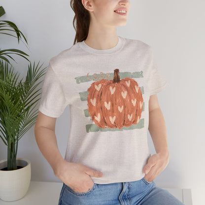 Pumpkin Heart Tee — Rustic Green Striped Autumn Pumpkin T‑Shirt