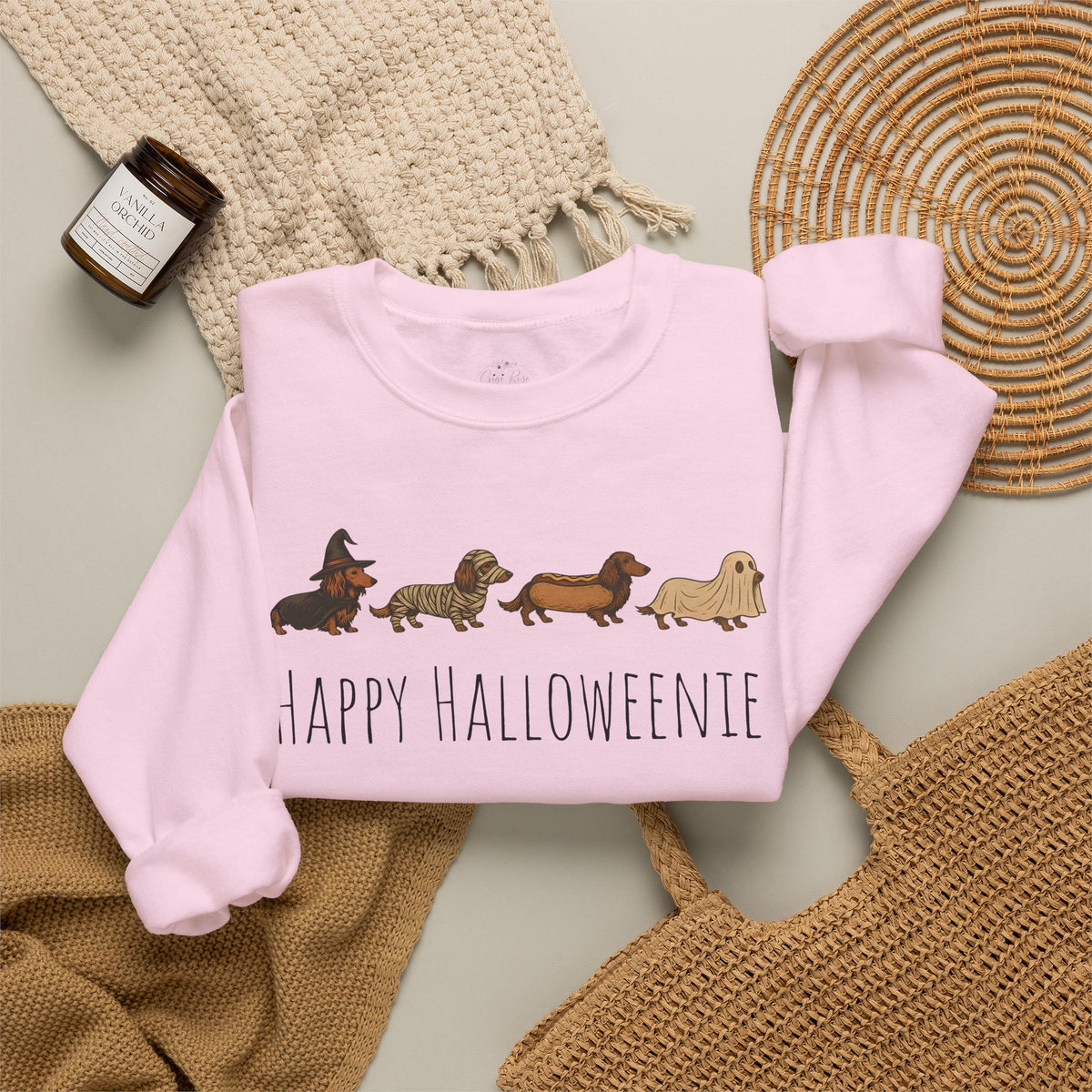 Halloween Dachshund Sweatshirt — "Happy Halloweenie" Cute Halloween Dog Crewneck