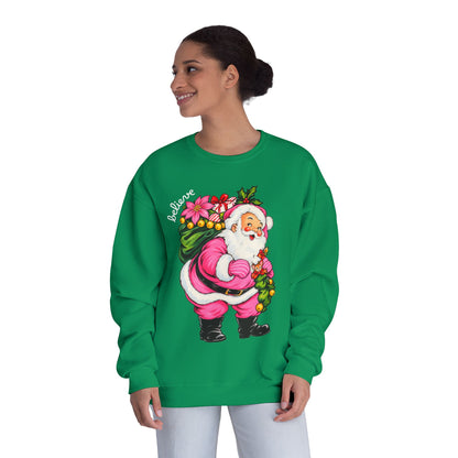 Merry Christmas Pink Santa Believe Crewneck Sweatshirt