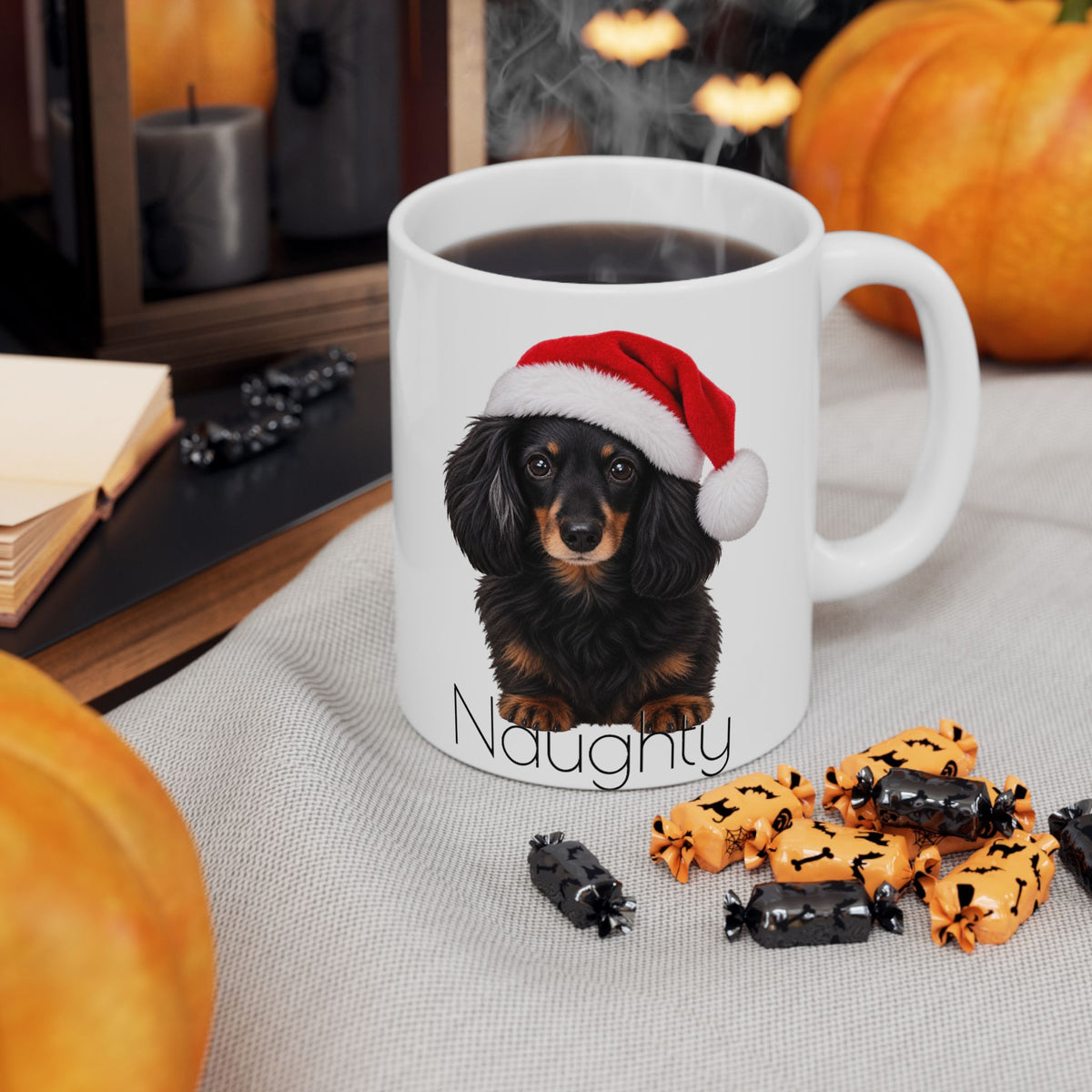 Christmas Dachshund Mug — Cute Wiener Dog in Santa Hat Ceramic Coffee Cup (11oz & 15oz)