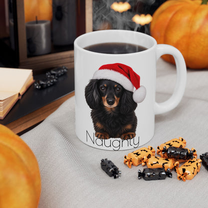 Christmas Dachshund Mug — Cute Wiener Dog in Santa Hat Ceramic Coffee Cup (11oz & 15oz)