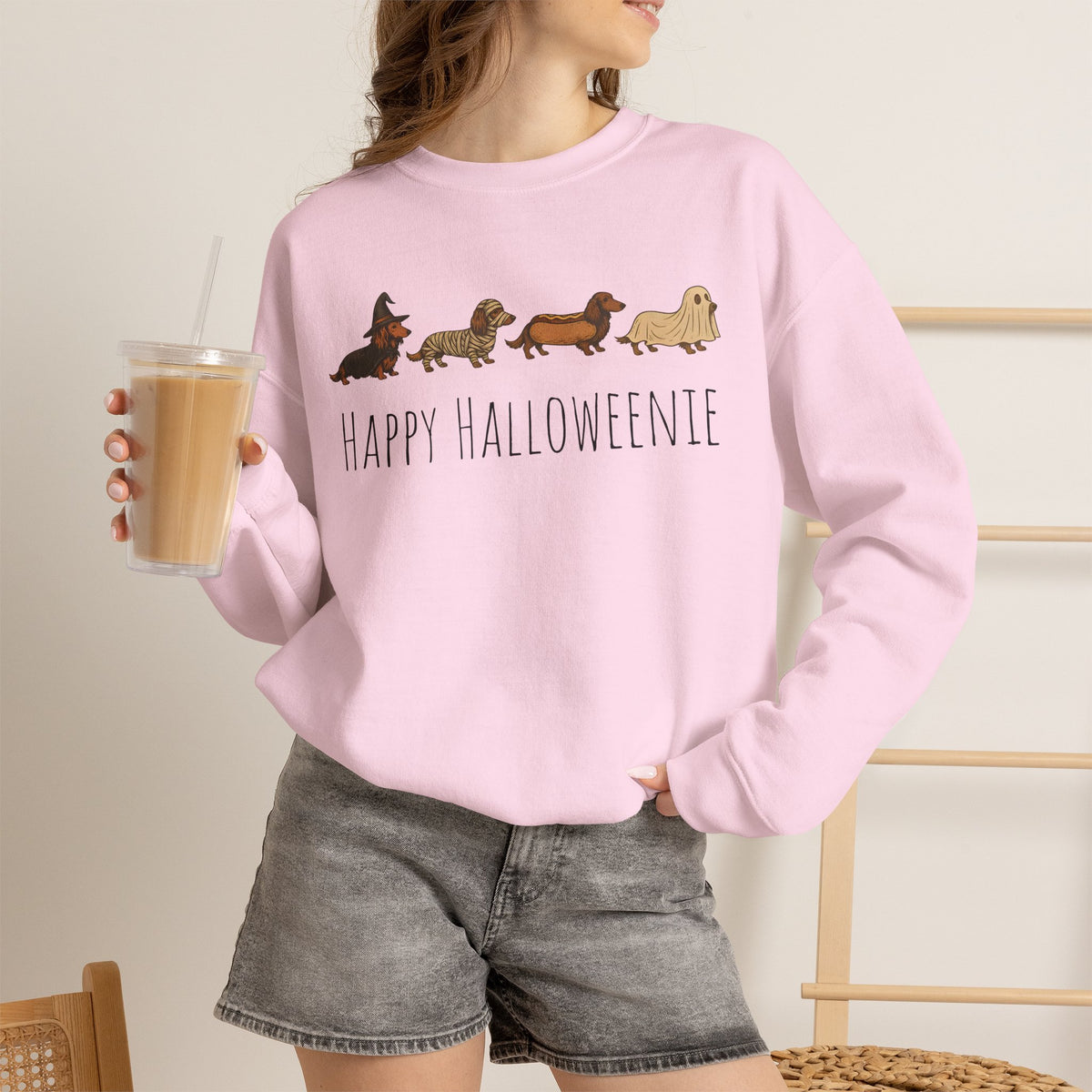 Halloween Dachshund Sweatshirt — "Happy Halloweenie" Cute Halloween Dog Crewneck