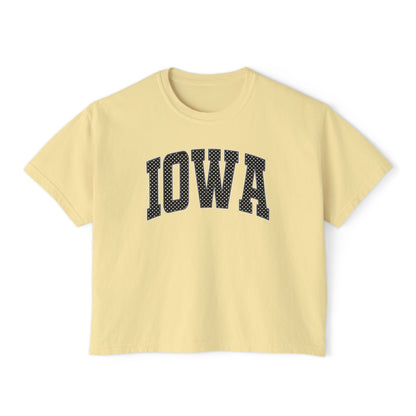 Iowa Boxy Tee — White Dots Women's Cropped College Graphic T-Shirt