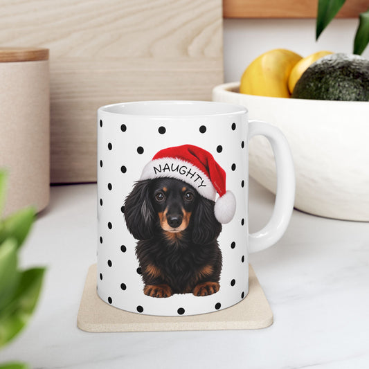 Christmas Dachshund Mug — Cute Wiener Dog in Santa Hat Ceramic Coffee Cup (11oz & 15oz)