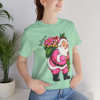 Pink Santa Christmas T-Shirt — Retro Holiday Santa Carrying Poinsettias Tee
