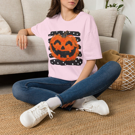 Halloween Pumpkin T‑Shirt — Smiling Jack‑O'Lantern Polka Dot Stripes