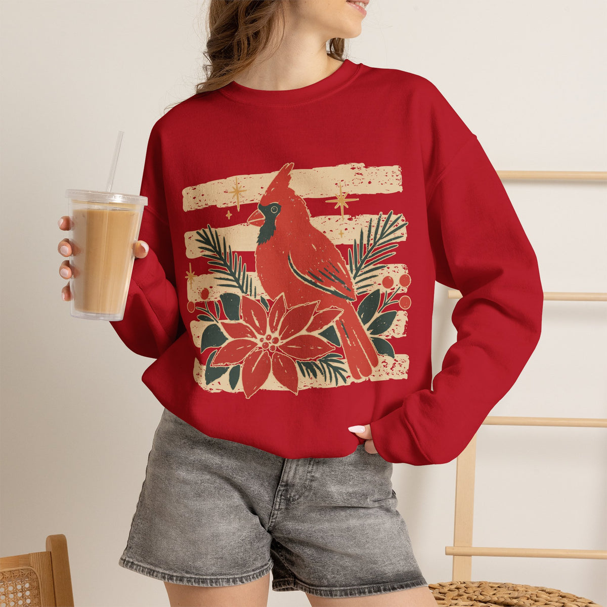 Cardinal Poinsettia Sweatshirt — Festive Winter Crewneck