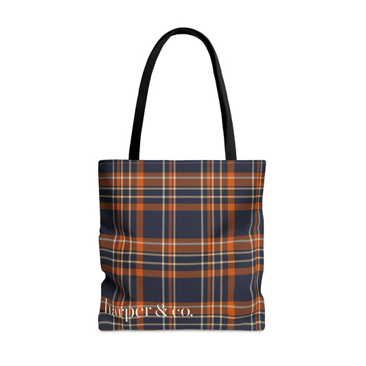 Navy Orange Plaid Tote Bag