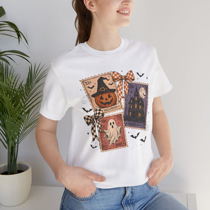 Halloween Stamp Tee — Haunted House, Pumpkin & Ghost Vintage Postage T-Shirt