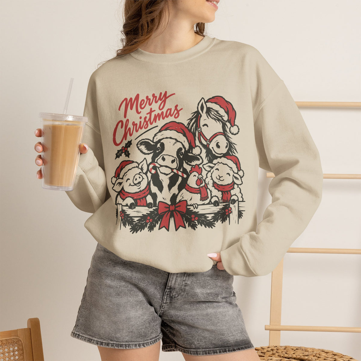 Merry Christmas Vintage Farm Animals Crewneck Sweatshirt