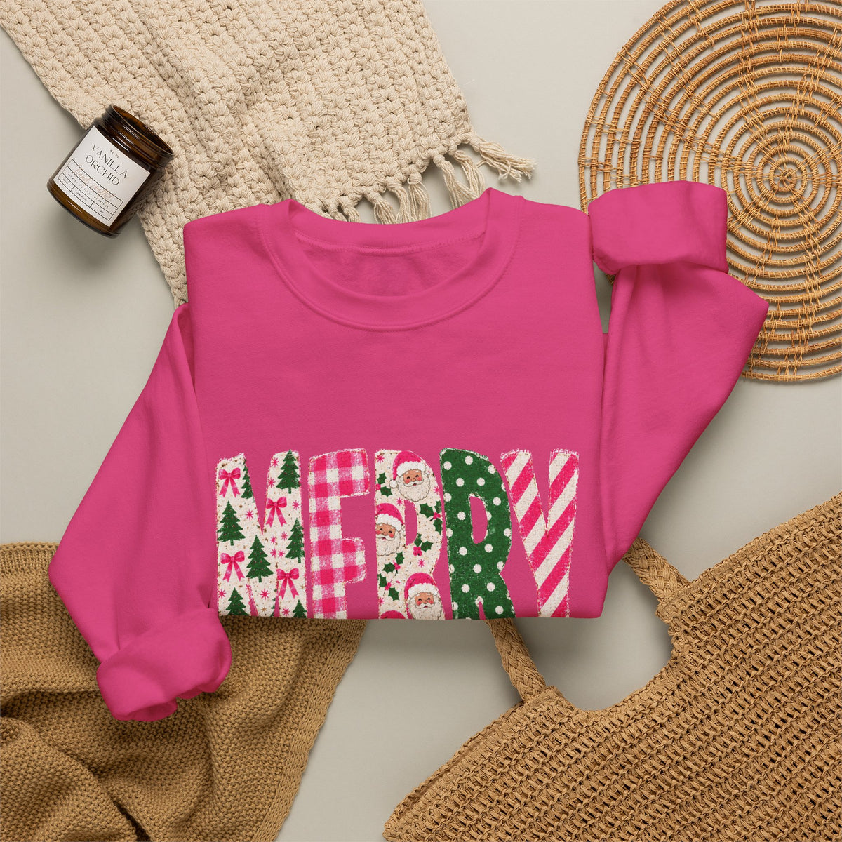 Merry Patchwork Crewneck Sweatshirt — Festive Christmas Plaid & Candy Cane Design