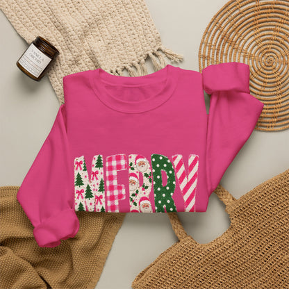 Merry Patchwork Crewneck Sweatshirt — Festive Christmas Plaid & Candy Cane Design