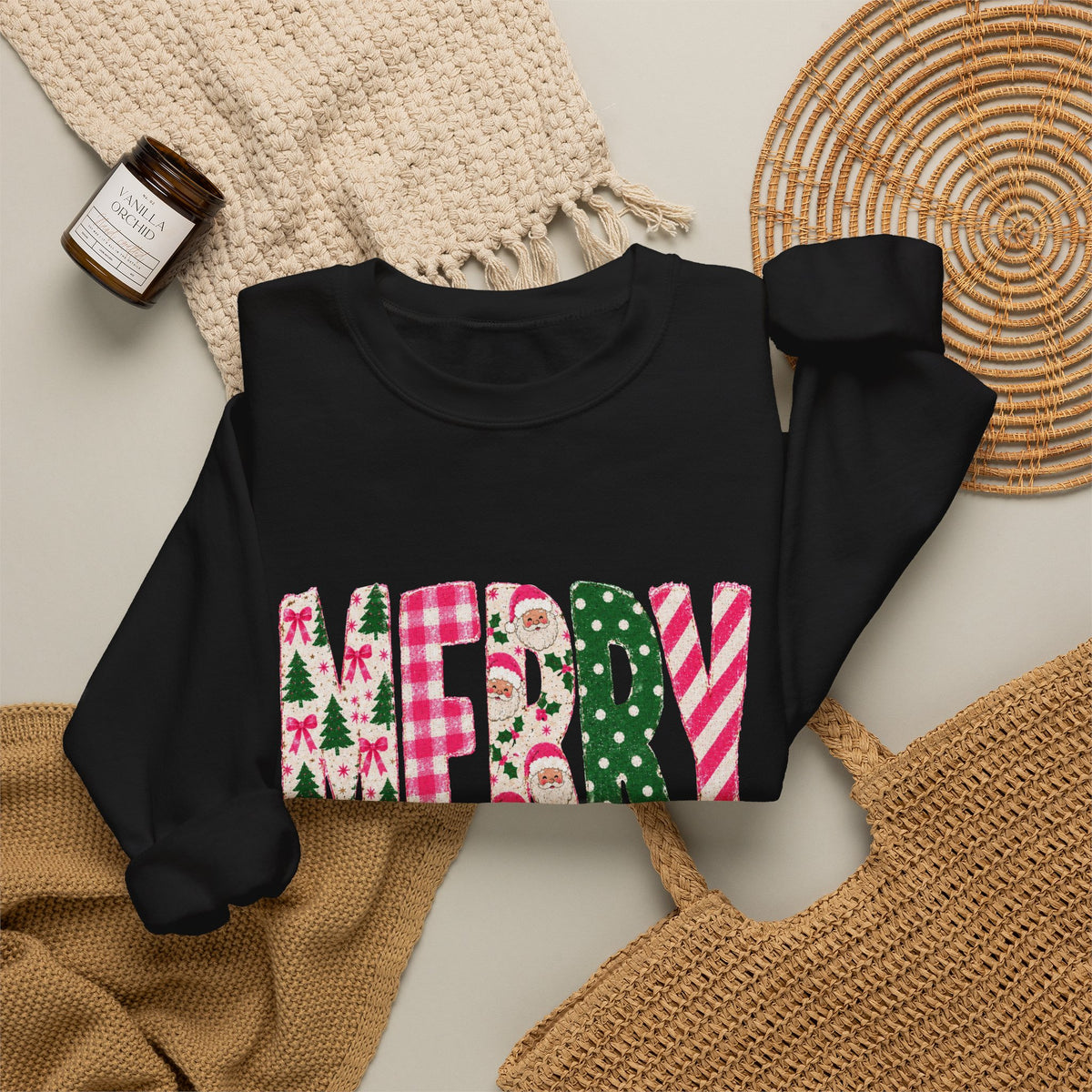Merry Patchwork Crewneck Sweatshirt — Festive Christmas Plaid & Candy Cane Design