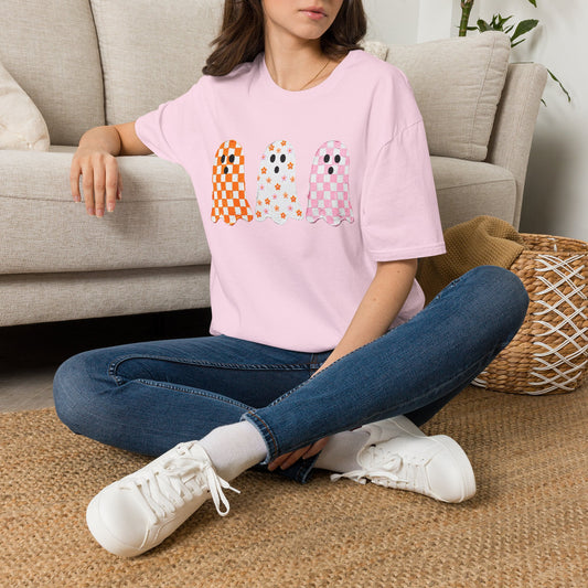 Ghost Trio T‑Shirt — Cute Checkered & Floral Halloween Tee