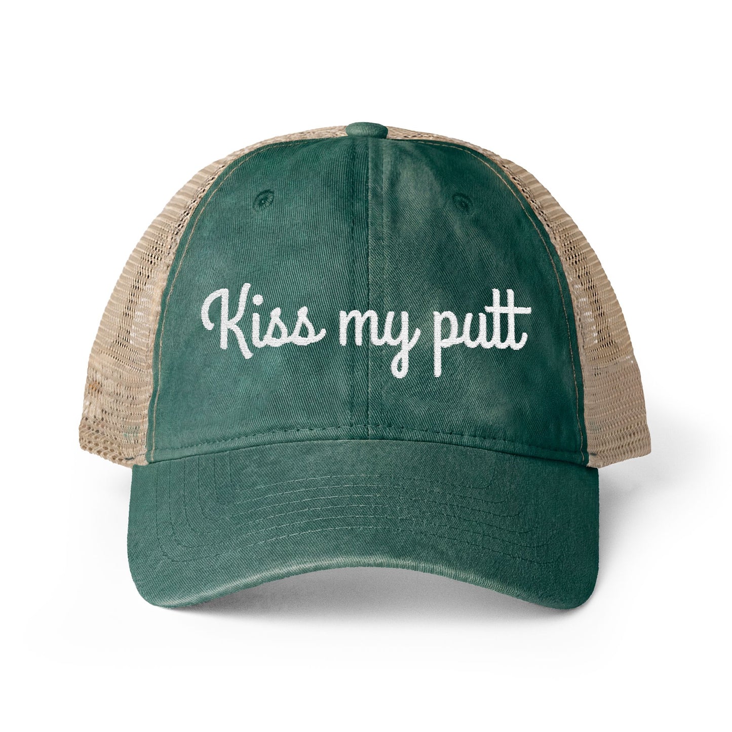 Kiss My Putt Embroidered Women's Washed Mesh-Back Ball Cap