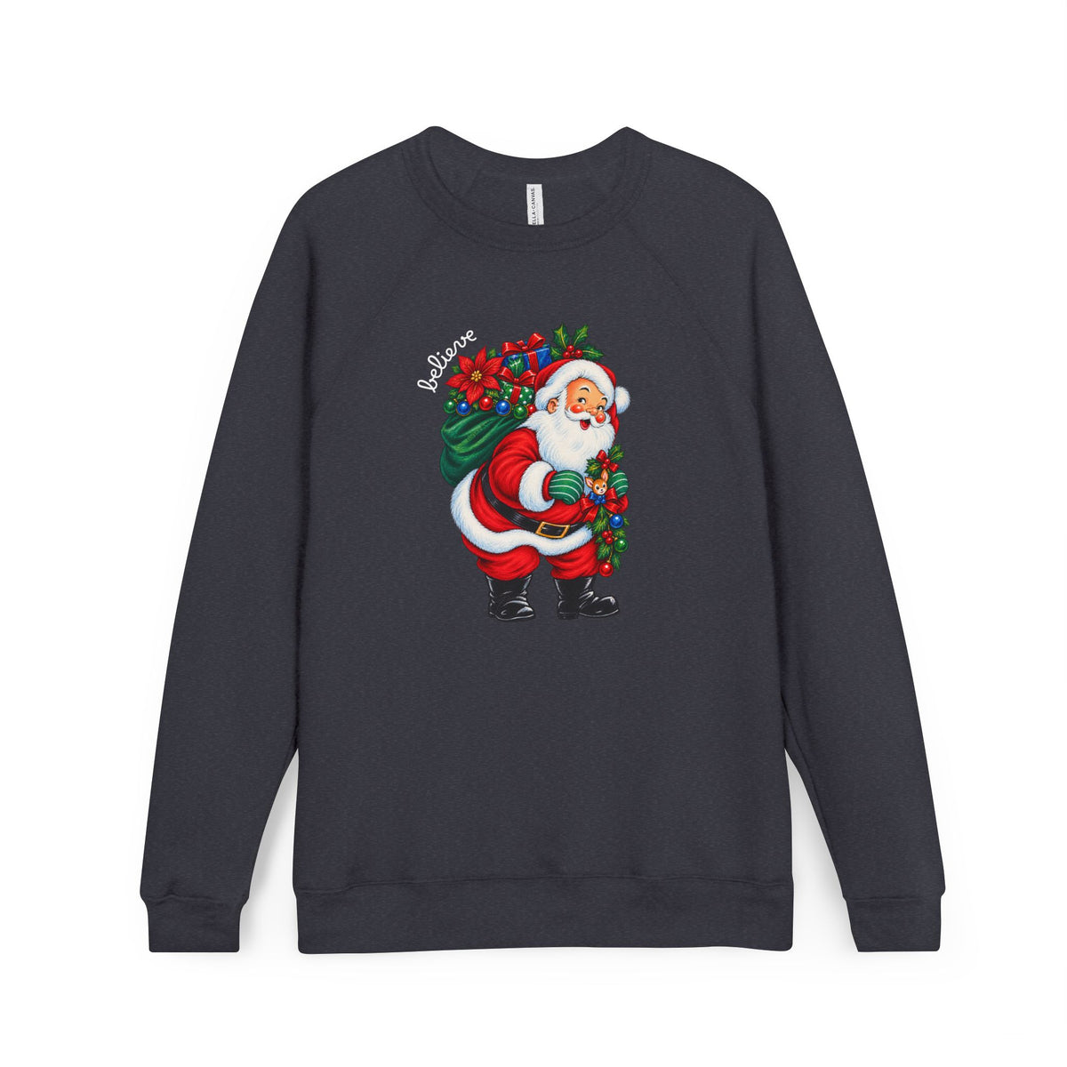 Santa Claus Christmas Sweatshirt - Vintage Santa with Holly Wreath