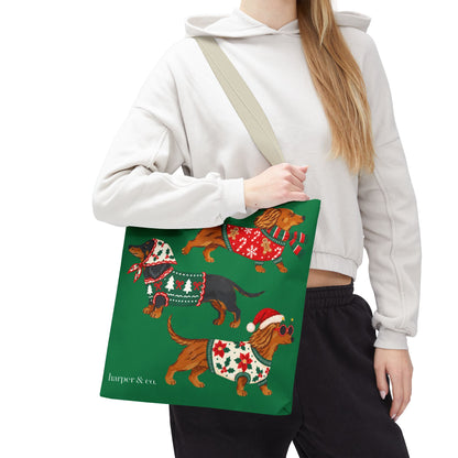 Holiday Dachshund Tote Bag — Christmas Dogs in Festive Sweaters AOP