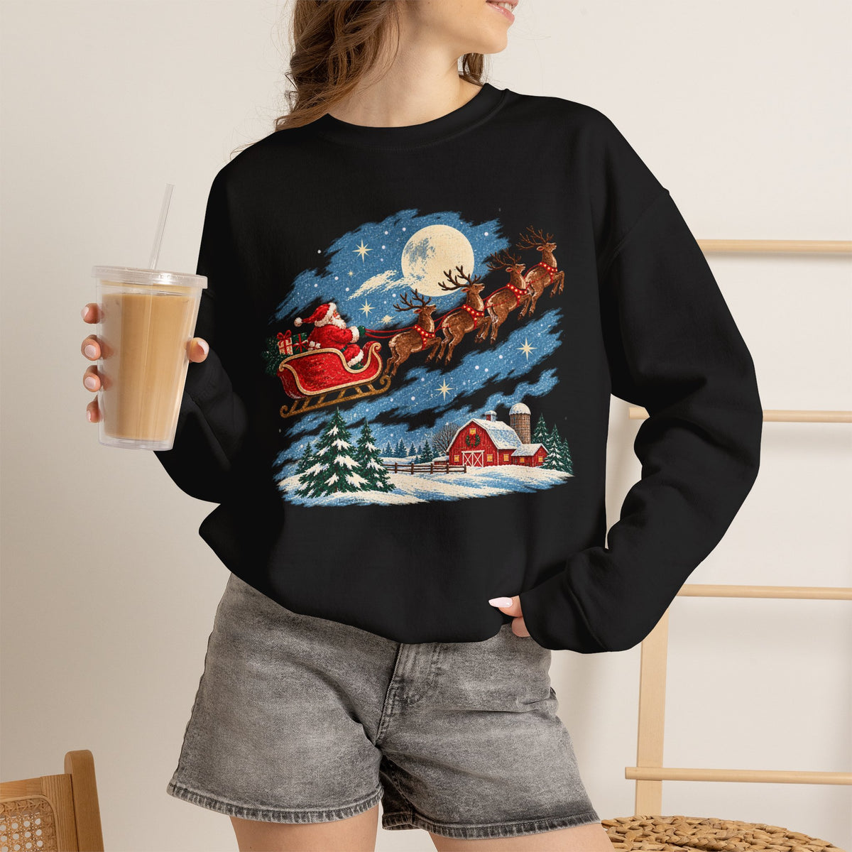Christmas Santa Sleigh Night Sky Farm Sweatshirt