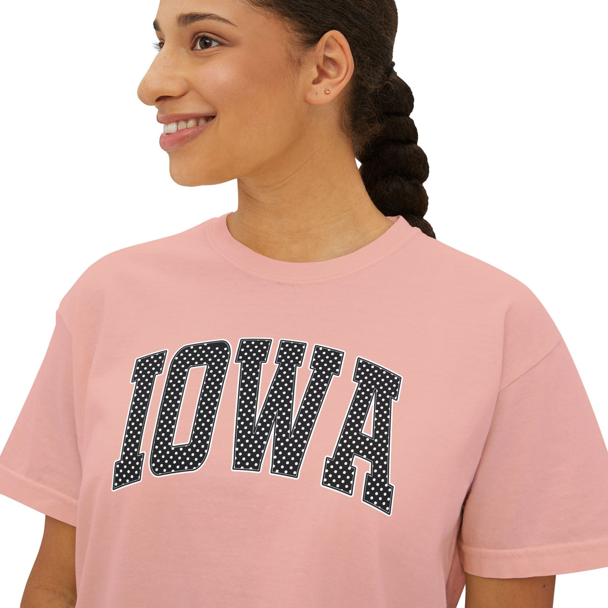 Iowa Boxy Tee — White Dots Women's Cropped College Graphic T-Shirt